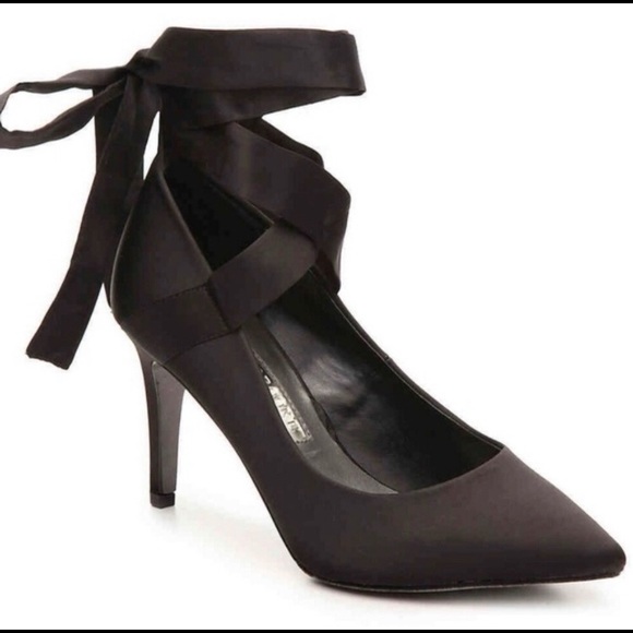 Audrey Brooke Shoes - AUDREY BROOKE ‘Anita’ Black Satin Ankle Tie Heels